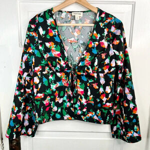 Open Edit Abstract Tie Front Bell Sleeve Blouse Multicolor Size S NWOT